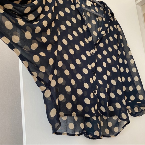 Navy & Tan Polka Dot Pintuck Sleeve Dolman Blouse - Picture 4 of 11